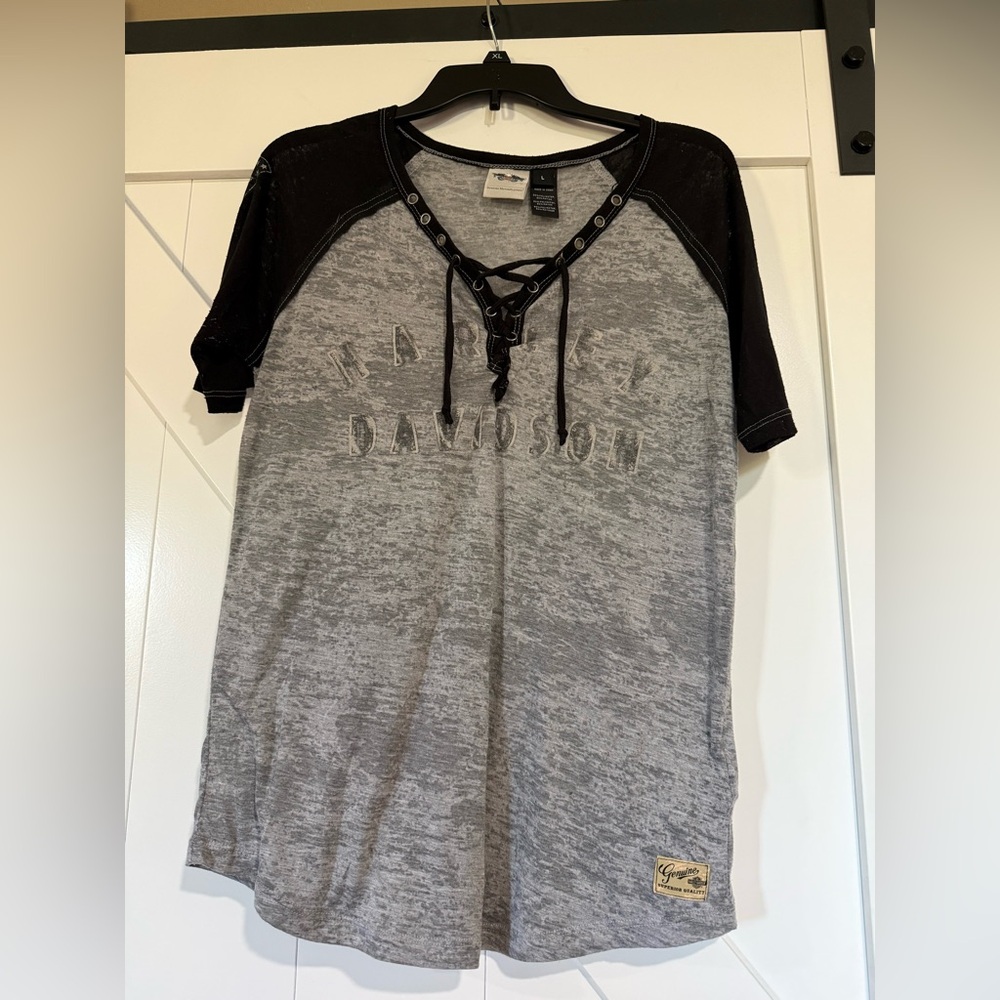 Harley-Davidson Black and Gray Lace-Up Women's Tee